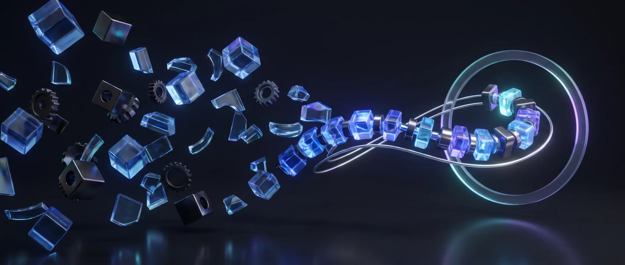 Scattered translucent fragments and disconnected modules progressively aligning into one governed, luminous workflow